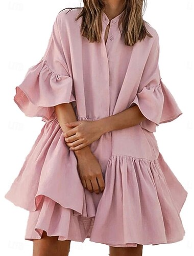  Per donna Mini abito Abito casual Abiti in chiffon Elegante stile sveglio Moda Manica svasata Da mare Giornaliero Morbido Liscio Manica corta Colletto alla coreana Nero Bianco Rosa Estate Primavera
