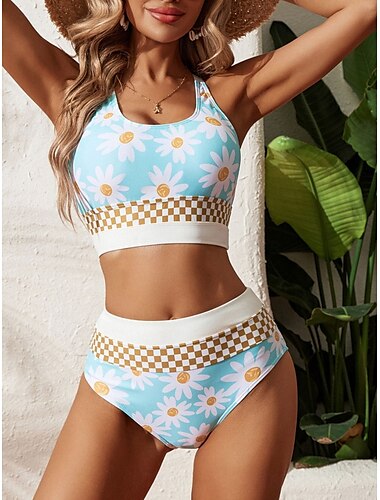  Femme Maillots de Bain Bikinis 2 pièces Slips Maillot de bain Dos Nu Mince Vacances Tenues de plage Floral Col en U Sans Manches Maillots de bain