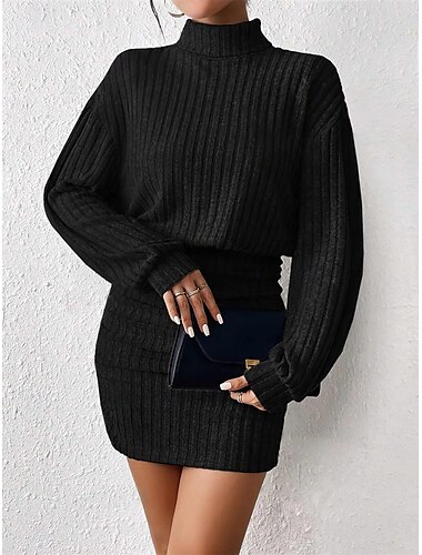  Damen Minikleid strickkleid Figurbetontes Kleid Elegant Brautkleider schlicht Cocktail Urlaub Strasse Casual Regular Fit Graphic Glatt Langarm Rollkragen Schwarz Grau Sommer Herbst Winter