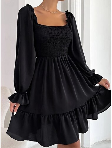  Damen Mini Kleid A-Linie Kleid Bäuerin Kleid Off-Shoulder Kleid Puffärmel Kleid Urlaub Urlaub Daily Regular Fit Unifarben Langarm quadratischer Ausschnitt Schwarz Wein Hellbraun Lila Sommer