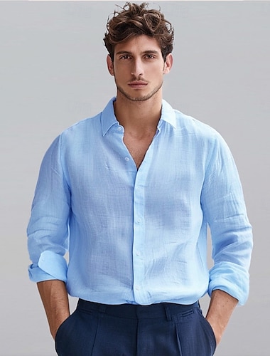  Voor heren Overhemd Effen Kleur Bruiloft Buiten Licht Blauw Lange mouw Overhemdkraag Zomer Lente Kleding Knop