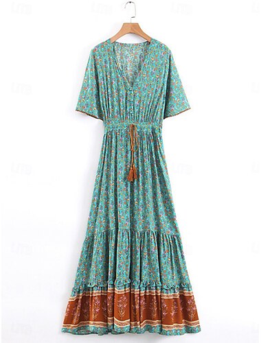  Women's Maxi Dress T Shirt Dress Tee Dress Sundress A Line Dress Fit And Flare Dress Stylish Casual Vacation Daily Regular Fit Floral Short Sleeve V Neck Burgundy Navy Blue Green Summer