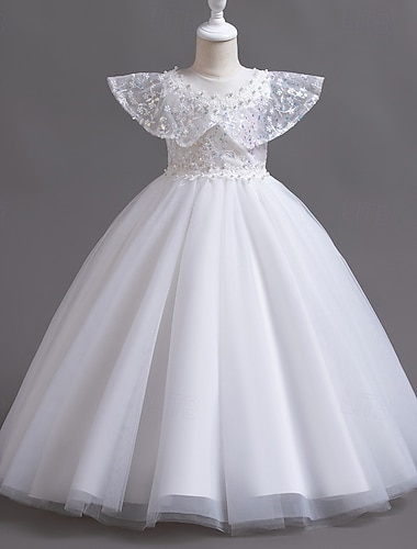  Princesse Longueur Sol Robe de Demoiselle d'Honneur Fille Fête de Mariage Elsa congelée Filles Jolie robe de bal Dentelle avec Détail Perle Elégant Style Royal Ajustement 3-16 ans