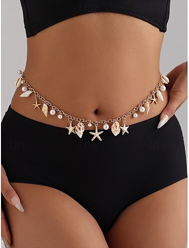  Cadena de cintura de playa para mujer: joyería corporal con dije de estrella de mar y concha dorada con detalles de perlas para el verano, las vacaciones y los accesorios de baño