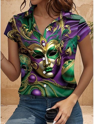  Carnaval Vrouwen Overhemd Grafisch Dagelijks Korte Mouwen Cap Mouw Overhemd Kraag Lange Tops Dagelijks Groen Zomer