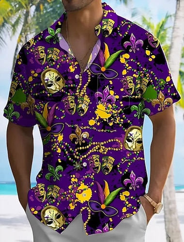 Carnaval Homens Pérola Máscara Carnaval Camisa Social camisa de botão Manga Curta Moda Casual Férias Presente Feriado Verão Primavera Aberto para a Lateral camisas de colarinho Um bolso frontal Roxo