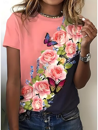  Damen T Shirt Blumen Grafik Vintage Mode Stilvoll Kurzarm Rundhals Normale Oberteile Täglich Ausgehen Wochenende Druck Rosa Rote Orange Rosa Sommer