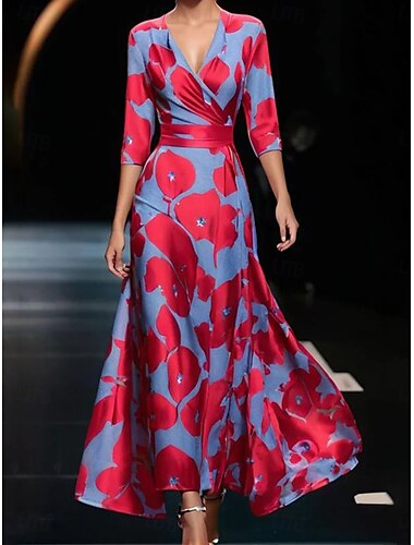  Damen Maxi Kleid Korsett Kleid A-Linien Kleid Sommer Kleid Party Geburtstag Urlaub Täglicher Regular Fit Grafik Langarm V-Ausschnitt Champagner Rot Blau Regenbogen Sommer
