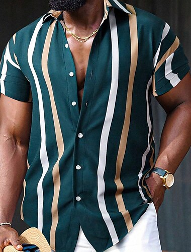  Men's Shirt Summer Shirt Casual Shirt Beach Shirt Button Up Shirt Black Red Navy Blue Royal Blue Blue Short Sleeve Striped Lapel Vacation Hawaiian Buttons Clothing Apparel Polyester Fashion Casual