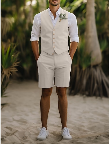  Heren Trouwen Linnen Kostuums Vest Korte Broeken Bruidsjonkers Kostuums Beige Mode Casual Zomer Effen Kleur Standaard Pasvorm 2 Delig