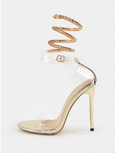 transparente goldene Stilettos für Damen mit umlaufenden Schlangen-Fußfesseln – auffällige Partyschuhe