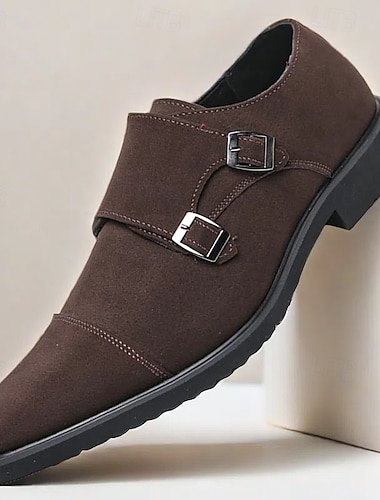  brune doble munkstroppsko for menn, overdel i semsket skinn med spennedetaljer, stilig fottøy for formelle og uformelle anledninger