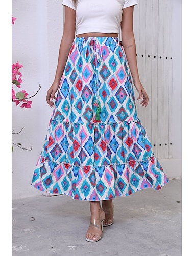  Dames Lange rok Bohemen Boho Lange Lengte Maxi Hoge taille Rokken Grafisch Kleurenblok Lapwerk Afdrukken Micro-elastisch Feestdagen Strand Groen Zomer Polyester