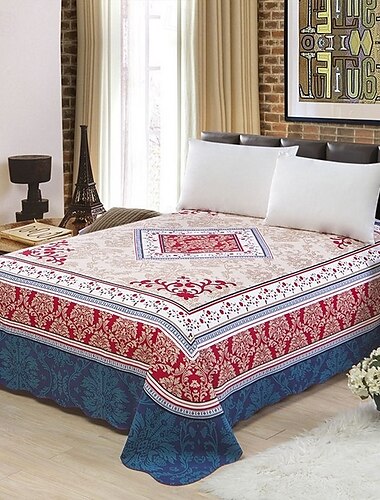  100% Cotton Flat Sheet Breathable, Floral Pattern Ethnic Style Naturally Cotton Sheets, Soft Cotton All Seasons Sheet Set
