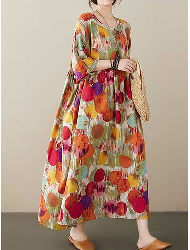  Femmes Robe maxi Robes en coton et lin Robe Décontractée Robes Bohème Chic Basique Occasionnel Vacances Quotidien Coupe régulière Graphique Manche Courte Col ras du cou Rouge Bleu Été