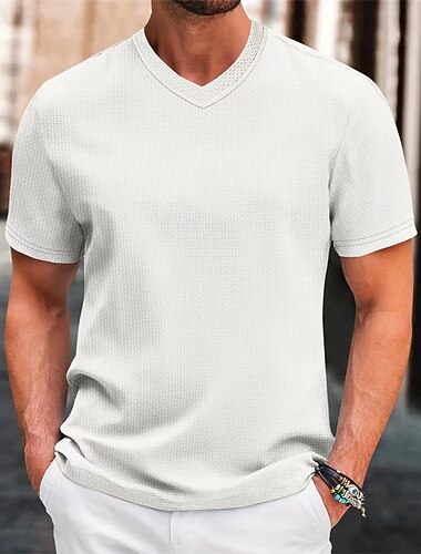  Men's T Shirt Tee Short Sleeve Shirt Tee Top Short Sleeve V Neck Summer Plain Fashion Designer Basic Jacquard Vacation Street Going out Black White Khaki Top Tee for Men
