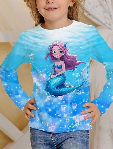  Mädchen 3D Graphic Meerjungfrau T-Shirt Langarm Frühling Herbst Modisch Basic kinderkleidung 4-12 Jahre Rundhalsausschnitt Outdoor Casual Täglich Regular Fit