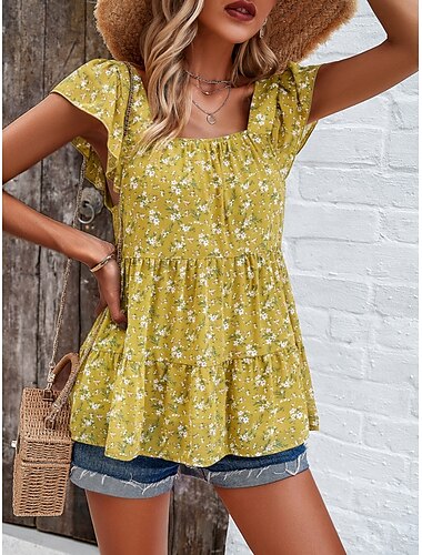  Dam Skjorta Blus Blommig Stylish Ledigt Kortärmad Fyrkantig hals Vanliga toppar Dagligen Volang Mönster Svart Gul Rubinrött Beige Sommar