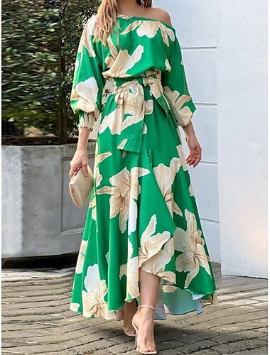  Dame Midikjole Wrap-kjole Kjole med A-linje Fit And Flare Dress Off The Shoulder-kjole Ferie Feriereise Daglig Normal Blomstret Grafisk Langermet Enskuldret Gul Grønn Sommer