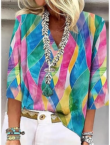  قميص نسائي مزخرف مزهر أنيق طراز ثلاث أرباع الأكمام برقبة على شكل V Tops مطبوعة يومية قوس قزح صيف الربيع