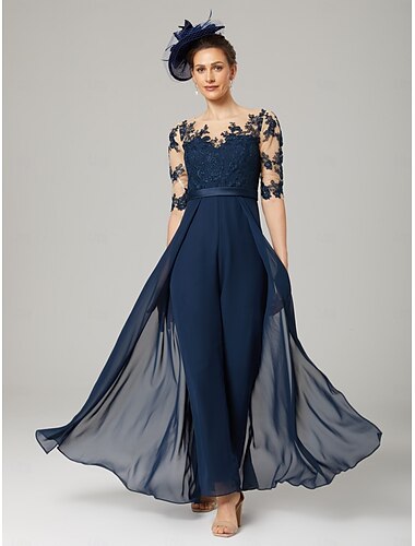  Combinaison  Ensemble Pantalon Mère de la Mariée Invité de Mariage Élégant Fête Col Arrondi Longueur Cheville Chiffon Dentelle Manches 3/4 Avec Appliqués 2025