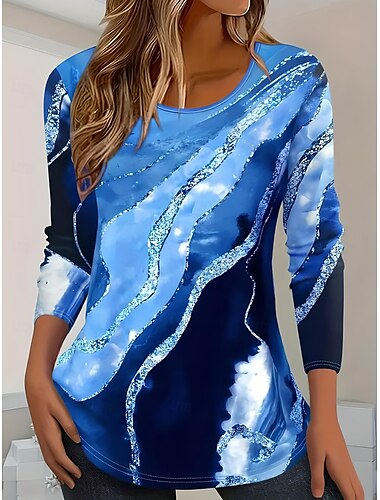  Dames T-shirt Ombre Marmeren afdrukken Elegant Vintage Modieus Lange mouw Strakke ronde hals Normale tops Dagelijks Uitgaan Weekend Afdrukken blauw Zomer Lente