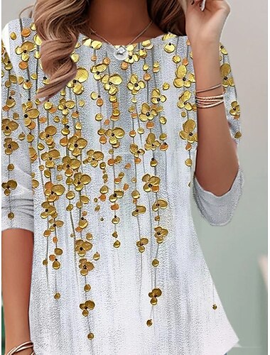  Mulheres Camiseta Âmbar Floral Elegante Vintage Moda Manga Longa Gola Redonda Tops regulares Diário Para Noite Final de semana Imprimir Dourado Verão Primavera