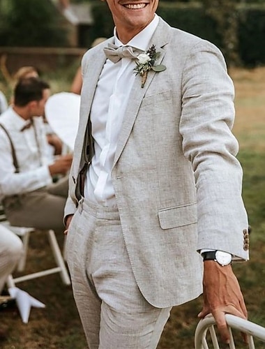  Heren Trouwerij Strand Linnen Kostuums Beige Bruidsjonker Kostuums Zomer Effen Kleur Half Gevoerd Tailored Fit 2 Delige Enkele Knoop