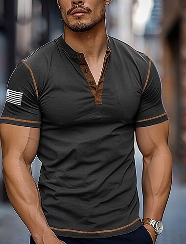  Herren Fahne Farbblock Henley Shirt Tee Kurzarm Vintage Modisch Designer Outdoor Casual Täglich Frühling & Herbst Grau Armeegrün Marineblau Henley Henley T-Shirt