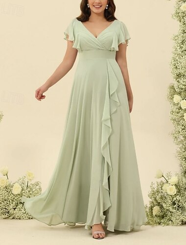  A-Linie Brautjungfernkleid V Ausschnitt Kurzarm Elegant Bodenlang Chiffon mit Rüschen / Raffung 2022