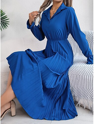  Damen Maxi Kleid A-Linien Kleid Einfarbig Sommer Kleid Plissee Kleid Fit-and-Flare Kleid Party Geburtstag Urlaub Alltag Reguläre Passform Einfarbig Ärmellos Hemdkragen Wein Königblau Grün Olivgrün