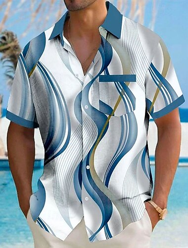  Miesten 3D Print Geometrinen Viiva Paita Button Up paita Lyhythihainen Muoti rento Loma Pyhäpäivä Ranta-asut Kesä Syksy Sänkyjen avaus 3D-tulostus kauluspaidat Edessä yksi tasku Sininen Purppura Apila