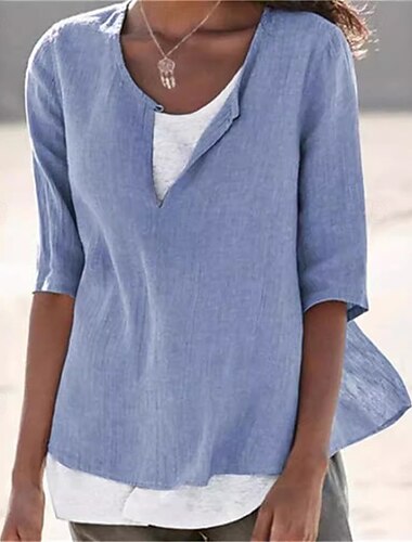  Dames Overhemd Linnen overhemd Katoenen linnen overhemden Effen Dagelijks Stijlvol Basic 3/4 mouw V-hals Normale tops Werk Dagelijks Feestdagen Zwart Wit blauw Lente Herfst