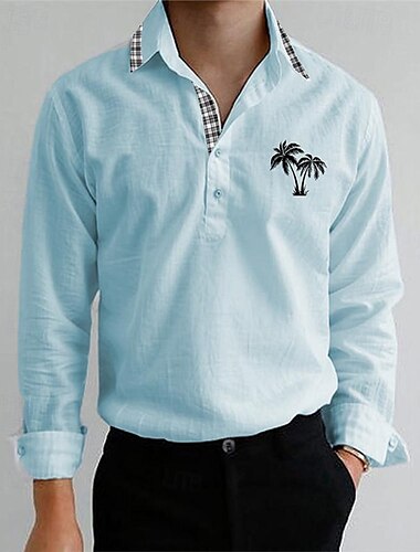  Voor heren Overhemd Minimalistisch Aloha-shirt Popover-shirt Zomer overhemd Normaal shirt Strand hemd Wit Hemelsblauw Lange mouw Ruitjes Kokosnootboom Revers Vakantie Hawaii Lapwerk Kleding Modieus