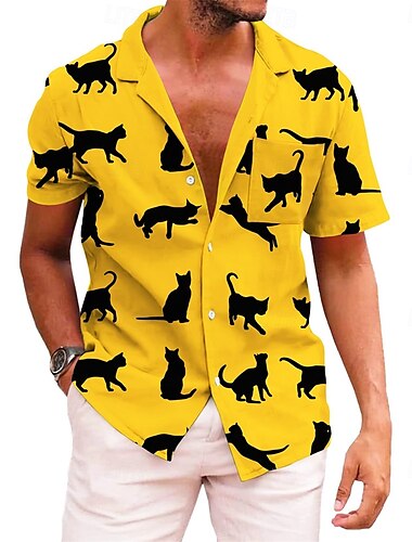  Retro Vintage 1970er Hemd Aloha-Hemd Hippie Disco Katze Herren Urlaub Party Pride Parade Erwachsene Hemd