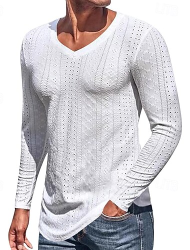  Voor heren T-shirt T-shirts Shirt met lange mouwen Lange mouw V-hals Lente Herfst Effen Modieus Ontwerper Basic Jacquard Vakantie Straat Uitgaan Zwart Wit blauw Top T-shirt voor mannen