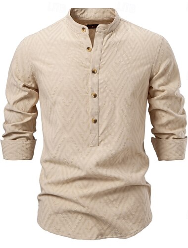  Voor heren Overhemd Popover-shirt Zomer overhemd Normaal shirt Strand hemd Overhemd met knopen Zwart Wit Abrikoos Lange mouw Jacquard Effen / effen kleur Band Kraag Vakantie Hawaii Gesp Kleding