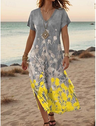  Mujer Vestido maxi Vestido informal Vestido de una línea Elegante Casual Vacaciones Diario Ajuste regular Floral Cosecha Manga Corta Escote en Pico Morado Caqui Gris Azul claro Primavera Otoño