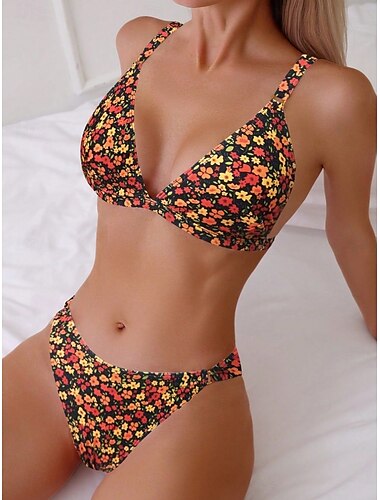  Damen Badeanzug Bikinis 2 Stück Cheeky-Bikinihose Bademode Rückenfrei Schlank Urlaub Strandbekleidung Blumen V Ausschnitt Ärmellos Badeanzüge