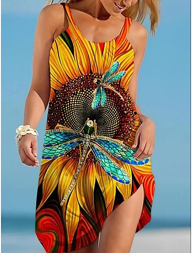  Damen Minikleid Casual kleid Sommerkleid skims dress Brautkleider schlicht Urlaub Lockere Passform Blumen Ärmellos Gurt Colourful Schwarz Blau Purpur Sommer