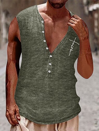  Herre Singleter Vest topp Underskjorte Ermeløs skjorte Ermeløs Henley Sommer Kors Årgang Mote Designer Knapper Feriereise Gate Ut på byen Svart Hvit Brun Topp T-skjorte for menn