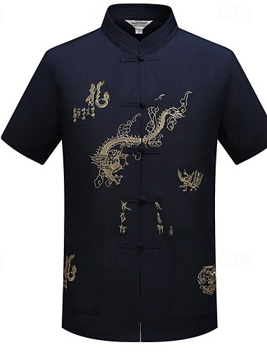  Herren Hemd Sommerhemd Freizeithemd Strandhemd Knopfhemd Hellgelb Weiß Rote Marineblau Grau Kurzarm Drache Kragen Urlaub Hawaiianisch Stickerei Bekleidung Polyester Mode Lässig Bequem