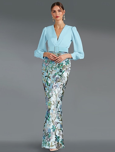  blaues, besticktes, florales Etui-/Säulen-Abendkleid, elegantes Kleid, formelle Hochzeit, bodenlang, lange Ärmel, V-Ausschnitt, Stretch-Satin mit Schlitzapplikationen 2025