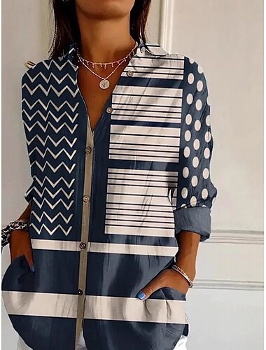  Camisa de mujer gráfica geométrica diaria elegante retro vintage de manga larga cuello de camisa tops regulares diario vacaciones salida botones azul marino verano primavera