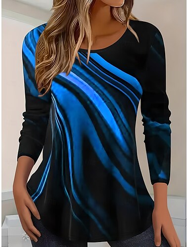  Damen T Shirt Gestreift Farbverläufe Elegant Vintage Mode Langarm Rundhalsausschnitt Normale Oberteile Täglich Ausgehen Wochenende Druck Gelb Rote Blau Grau Sommer Frühling