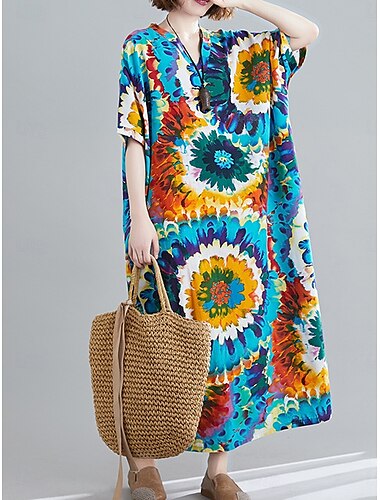  Women's Maxi Dress Cotton Linen Dresses Casual Dress Basic Casual Vacation Daily Regular Fit Floral Long Sleeve V Neck Blue Summer