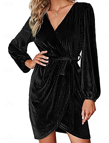  Damen Mini Kleid Wickelkleid Bodycon Kleid Puffärmel Kleid Party Geburtstag Party Geburtstag reguläre Passform Grafik Langarm V-Ausschnitt Schwarz Wein Grün Dunkelblau Sommer Frühling Herbst Winter