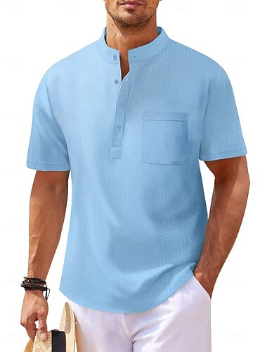  Voor heren Overhemd Popover-shirt Zomer overhemd Normaal shirt Strand hemd Zwart Wit Hemelsblauw Groen khaki Korte mouw Klassiek Effen / effen kleur Band Kraag Henley Vakantie Feestdagen Gesp Kleding