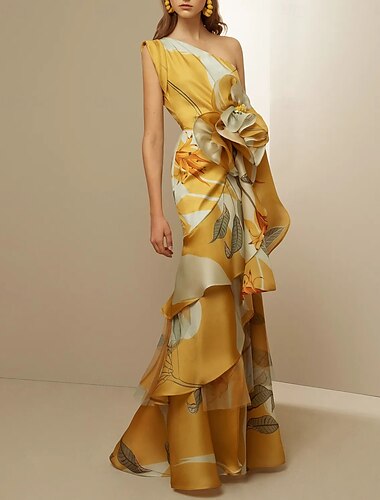  Robe de soirée A-Line jaune robe vintage formelle longueur sol sans manches une épaule satin avec imprimé floral pailleté volants robe d'invitée de mariage 2025