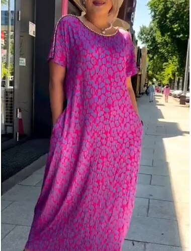  Damen Maxidress Casual kleid Sweatkleid Stilvoll Brautkleider schlicht Urlaub Täglich Regular Fit Leopard Kurzarm Rundhalsausschnitt Fuchsie Sommer